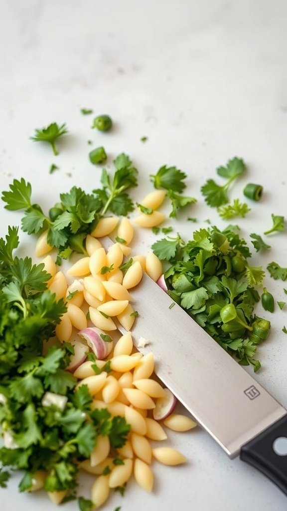 Chopped cilantro, green onions, and pasta on a cutting board with a knife.