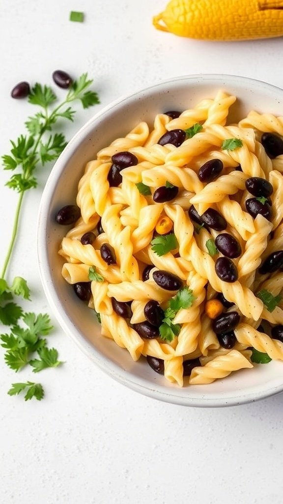 A bowl of healthy street corn pasta salad with black beans, cilantro, and corn.