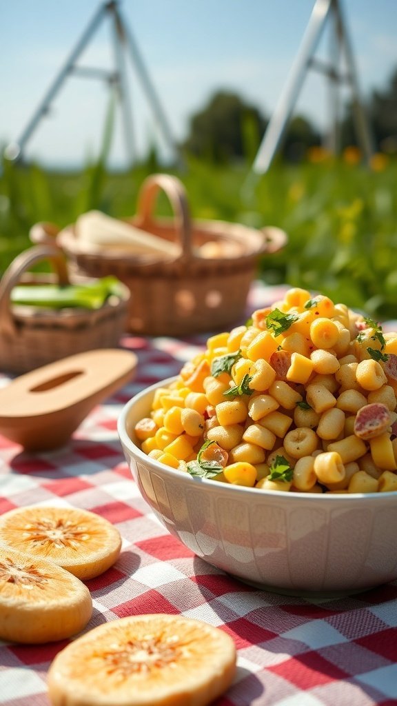 A bowl of Healthy Street Corn Pasta Salad on a picnic table with slices of fruit and picnic baskets in the background.