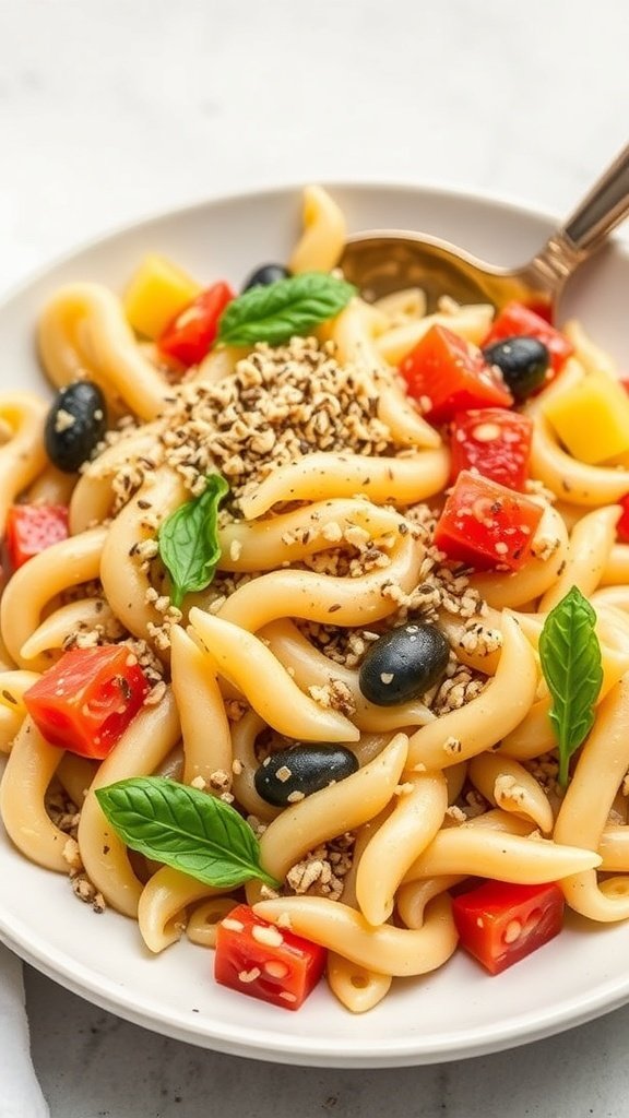 A bowl of pasta salad with quinoa, tomatoes, olives, and basil.