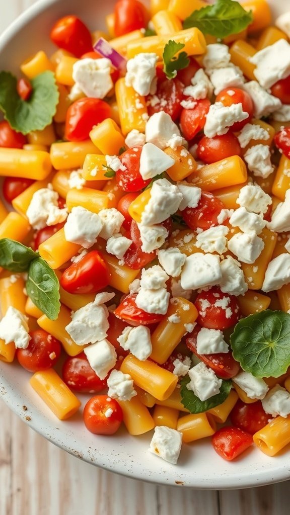A colorful bowl of pasta salad with feta cheese crumbles, cherry tomatoes, and fresh herbs.