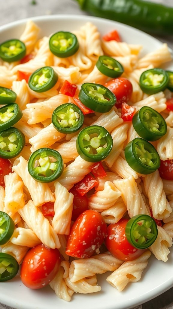 A plate of Healthy Street Corn Pasta Salad topped with sliced jalapeños, cherry tomatoes, and red peppers.
