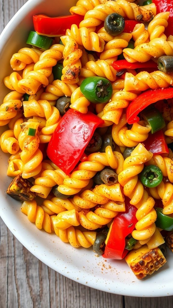 A bowl of colorful pasta salad with charred corn and bell peppers