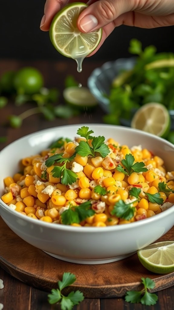 A hand squeezing lime over a bowl of corn pasta salad garnished with cilantro.