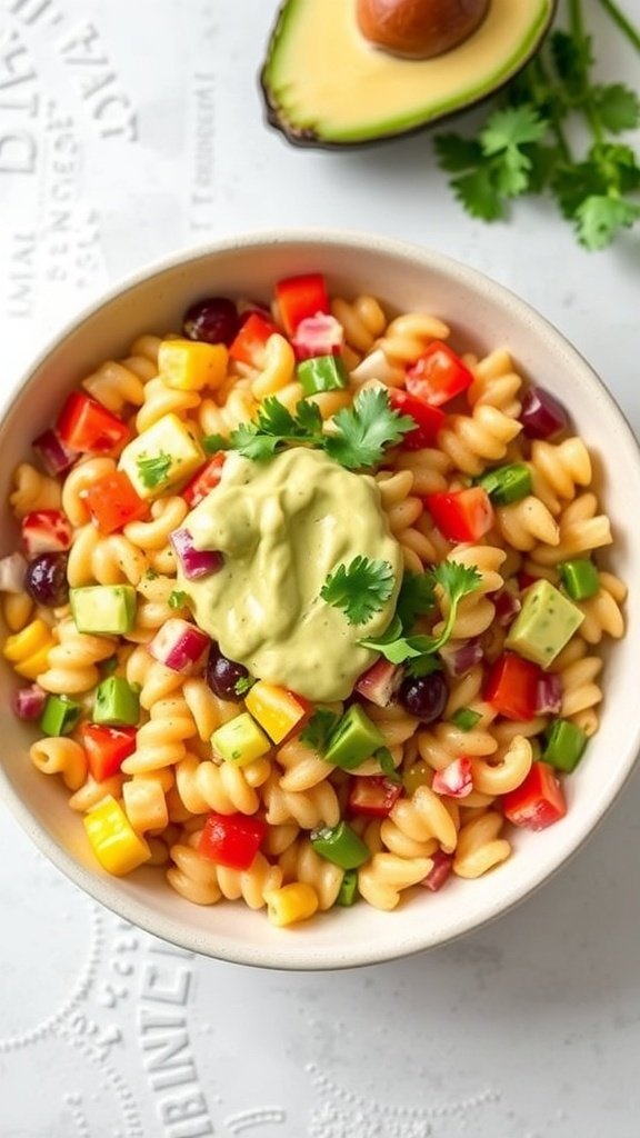 A bowl of pasta salad with colorful vegetables and creamy avocado dressing on top.